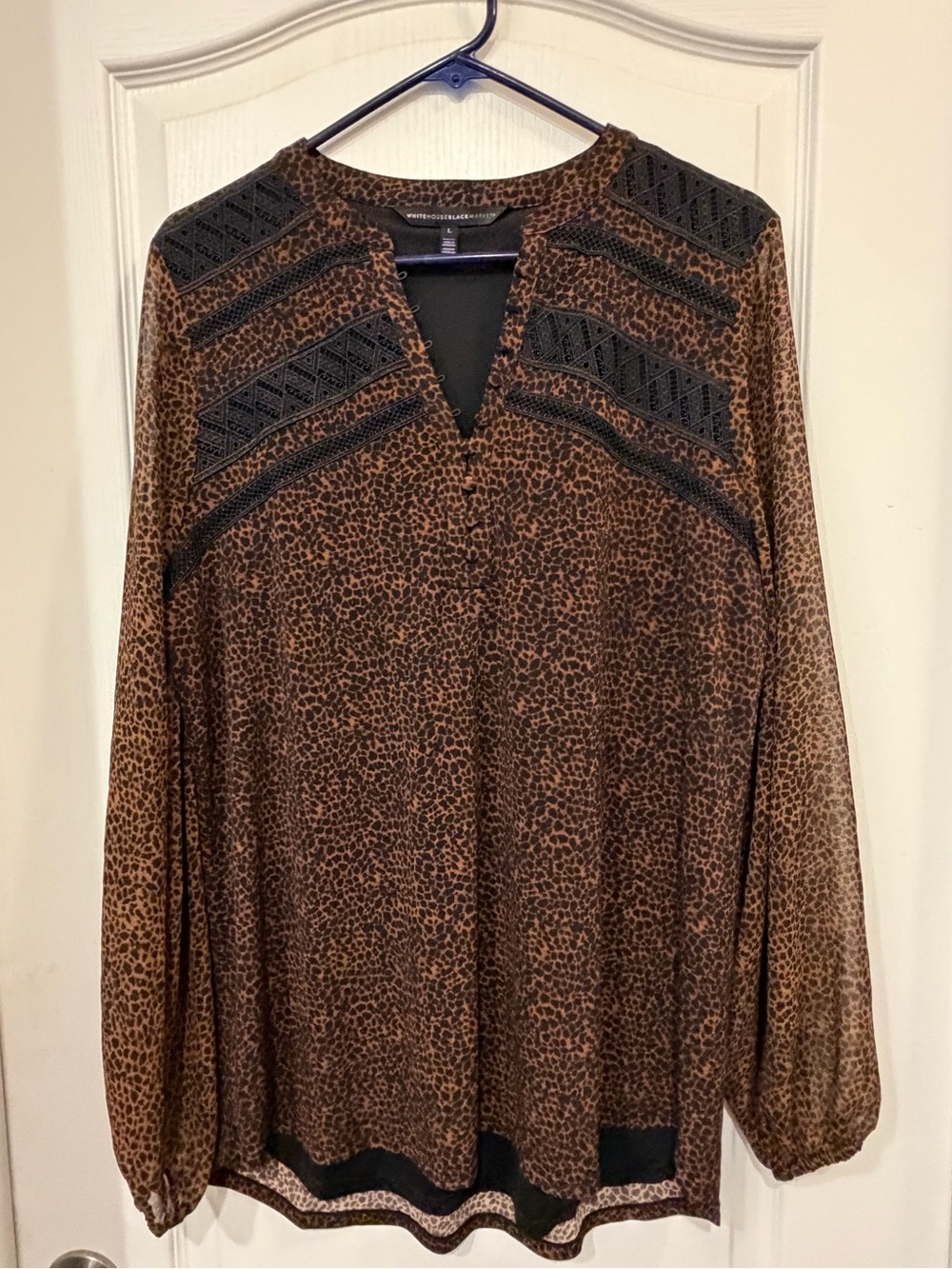 White House Black Market Brown Leopard Print Blouse with Black Lace Trim